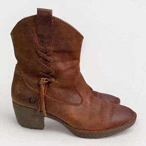 Born Womens Karin Side Zip Western Boots Brown Leather Heels